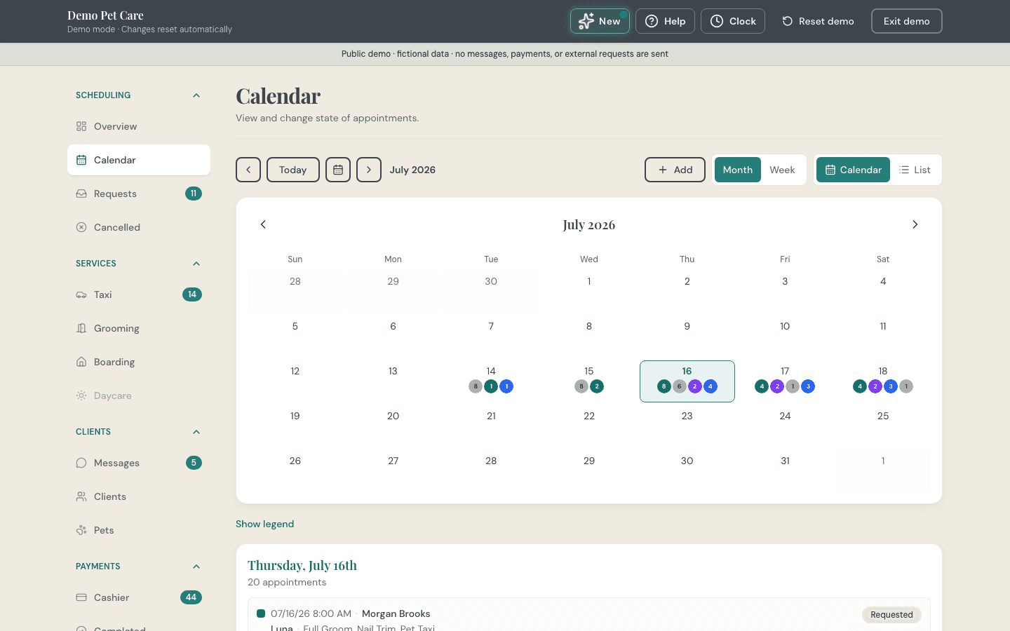 Staff portal appointment calendar