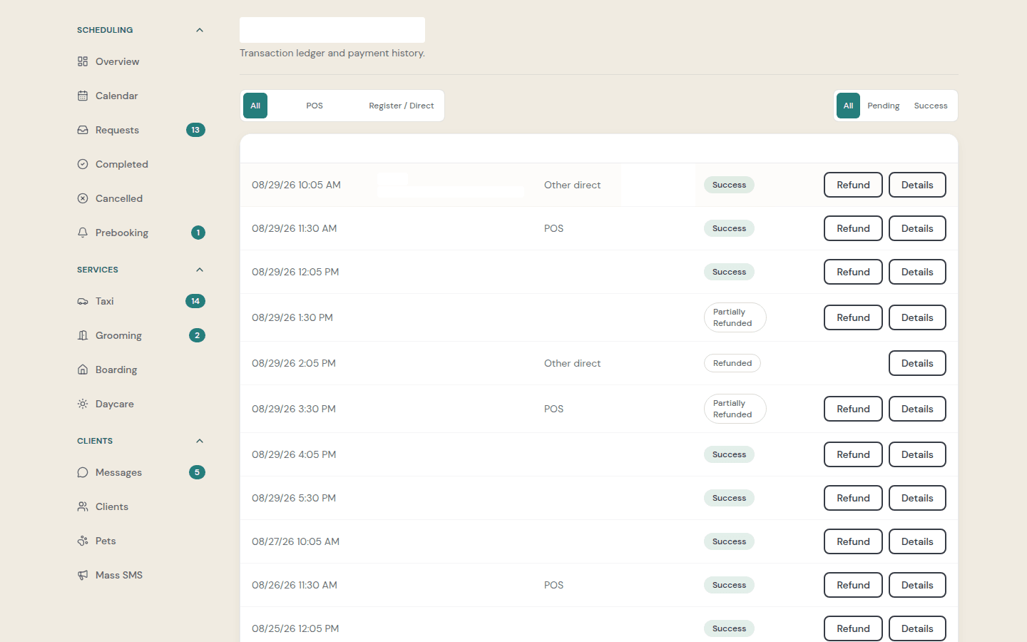 Transaction ledger with redacted clients and amounts