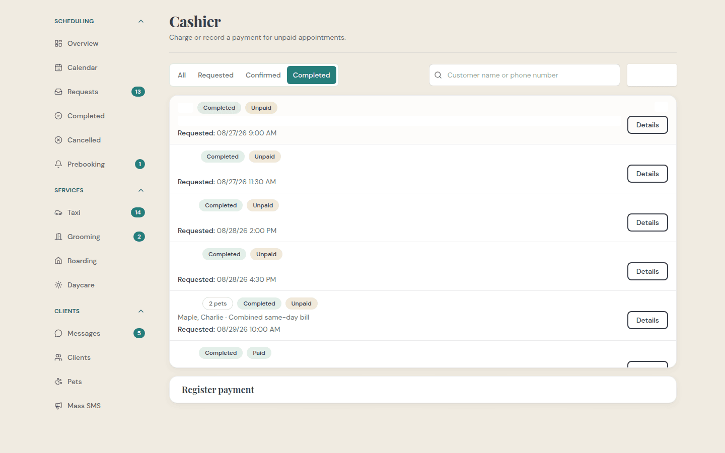 Cashier register with redacted names and amounts
