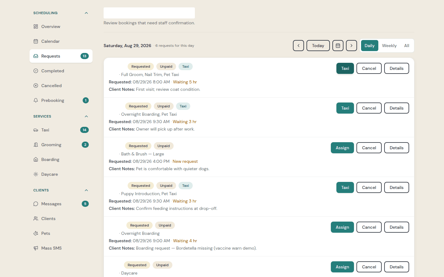Appointment request queue with Assign actions and redacted client names