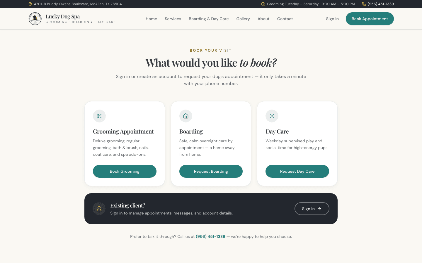 Online booking flow for grooming and boarding