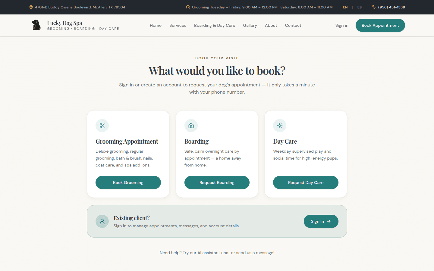 Online booking chooser for grooming, boarding, and day care