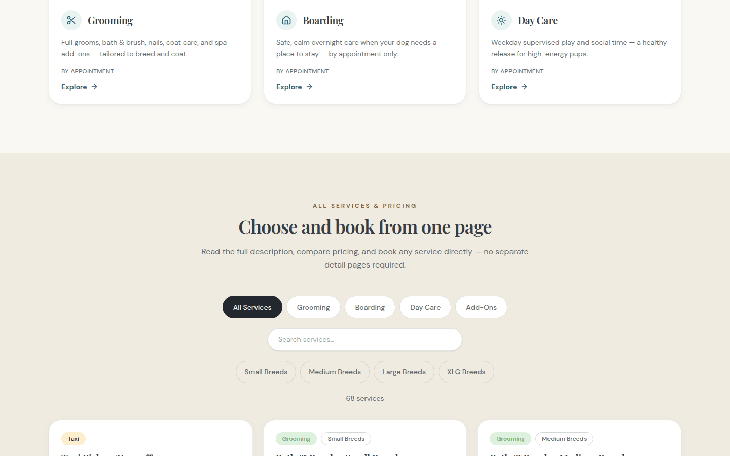 Services catalog with breed-size filters