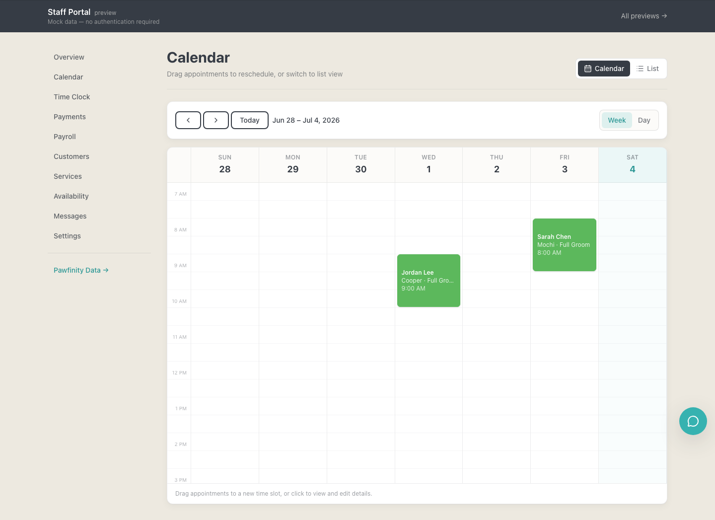 Staff appointment calendar preview